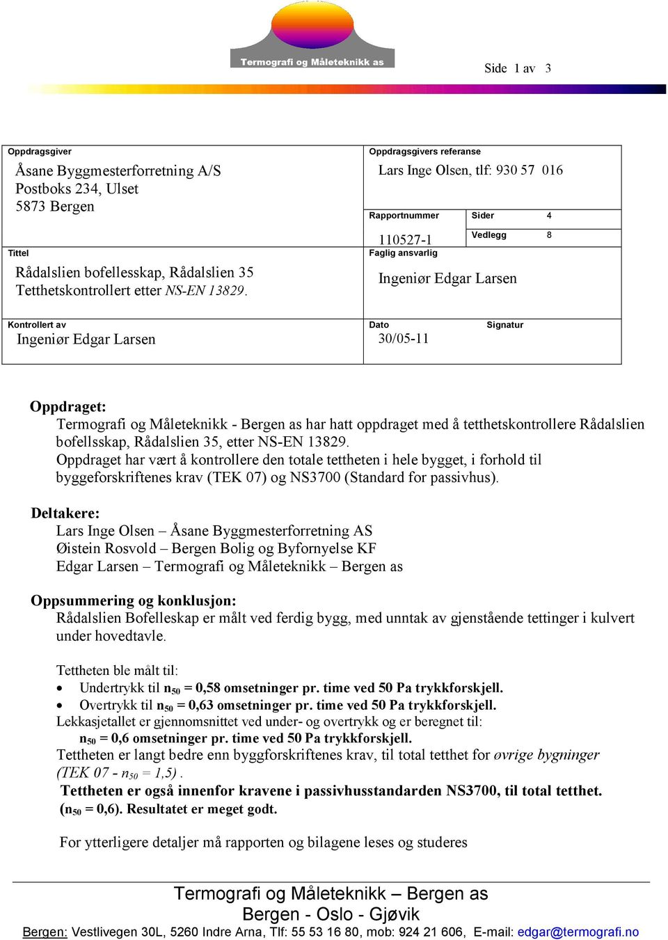 Oppdraget: Termografi og Måleteknikk - ergen as har hatt oppdraget med å tetthetskontrollere Rådalslien bofellsskap, Rådalslien 35, etter NS-N 13829.