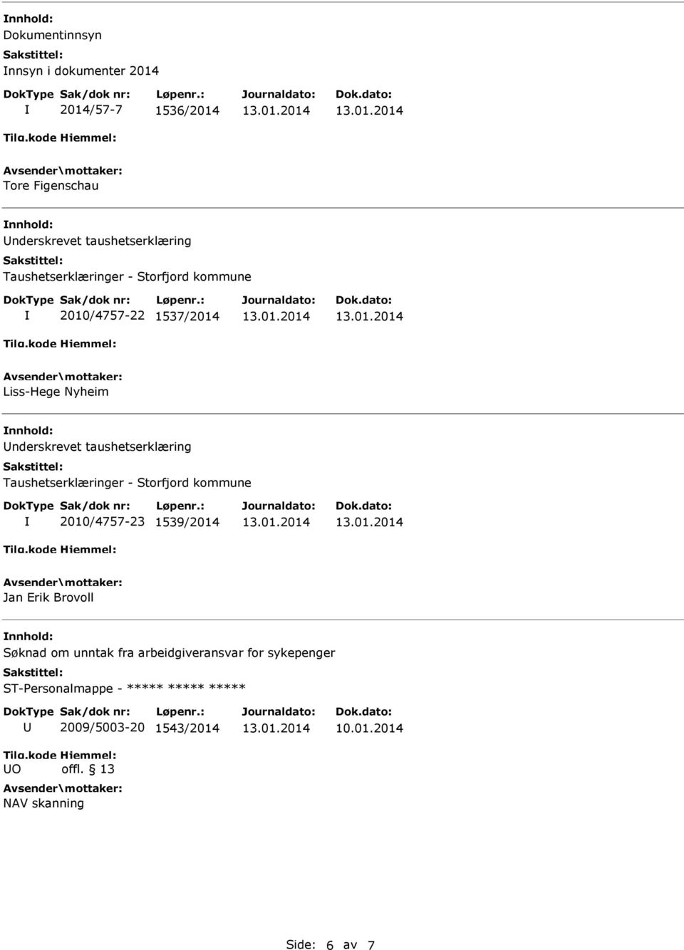 Taushetserklæringer - Storfjord kommune 2010/4757-23 1539/2014 Jan Erik Brovoll Søknad om unntak fra