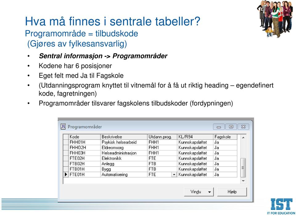 Programområder Kodene har 6 posisjoner Eget felt med Ja til Fagskole
