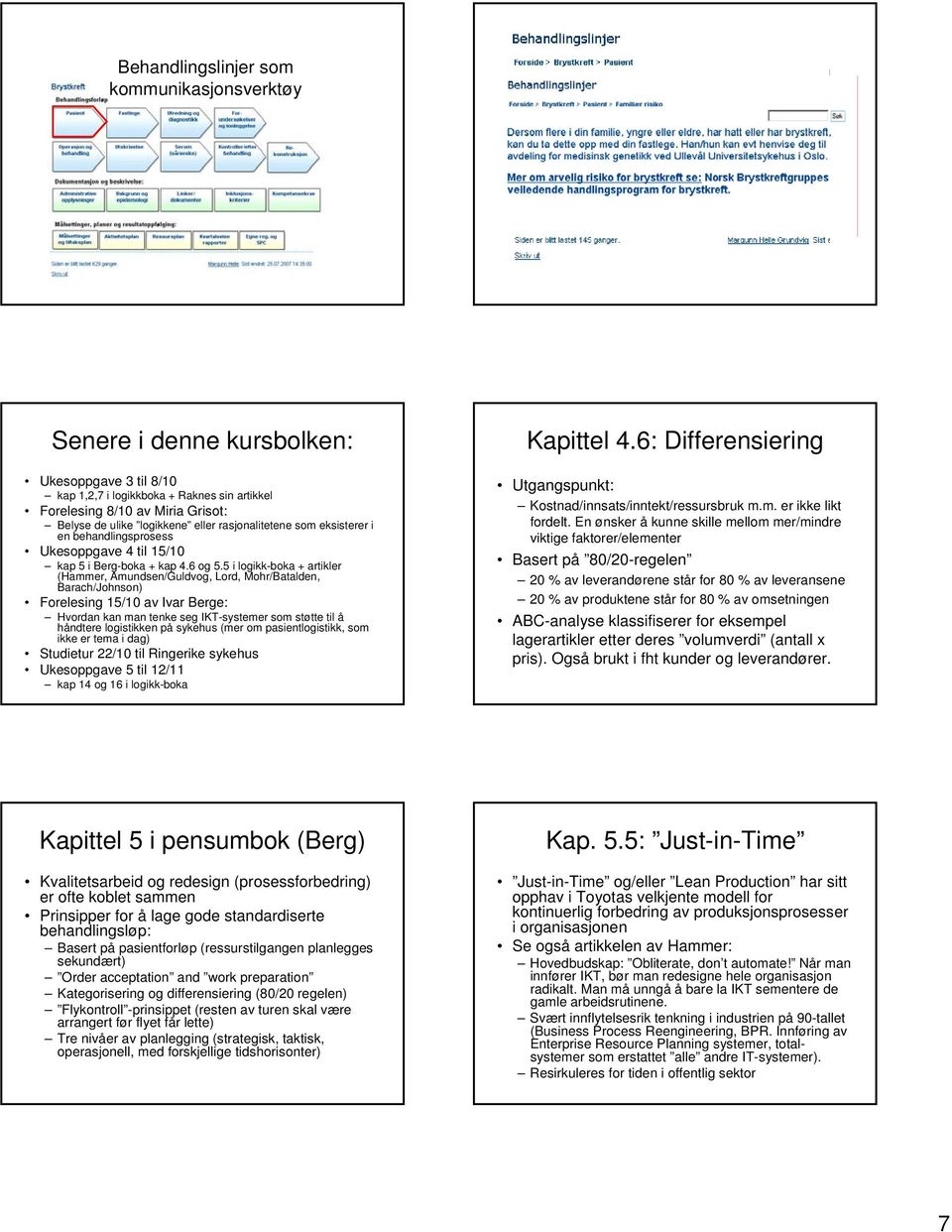 5 i logikk-boka + artikler (Hammer, Amundsen/Guldvog, Lord, Mohr/Batalden, Barach/Johnson) Forelesing 15/10 av Ivar Berge: Hvordan kan man tenke seg IKT-systemer som støtte til å håndtere logistikken