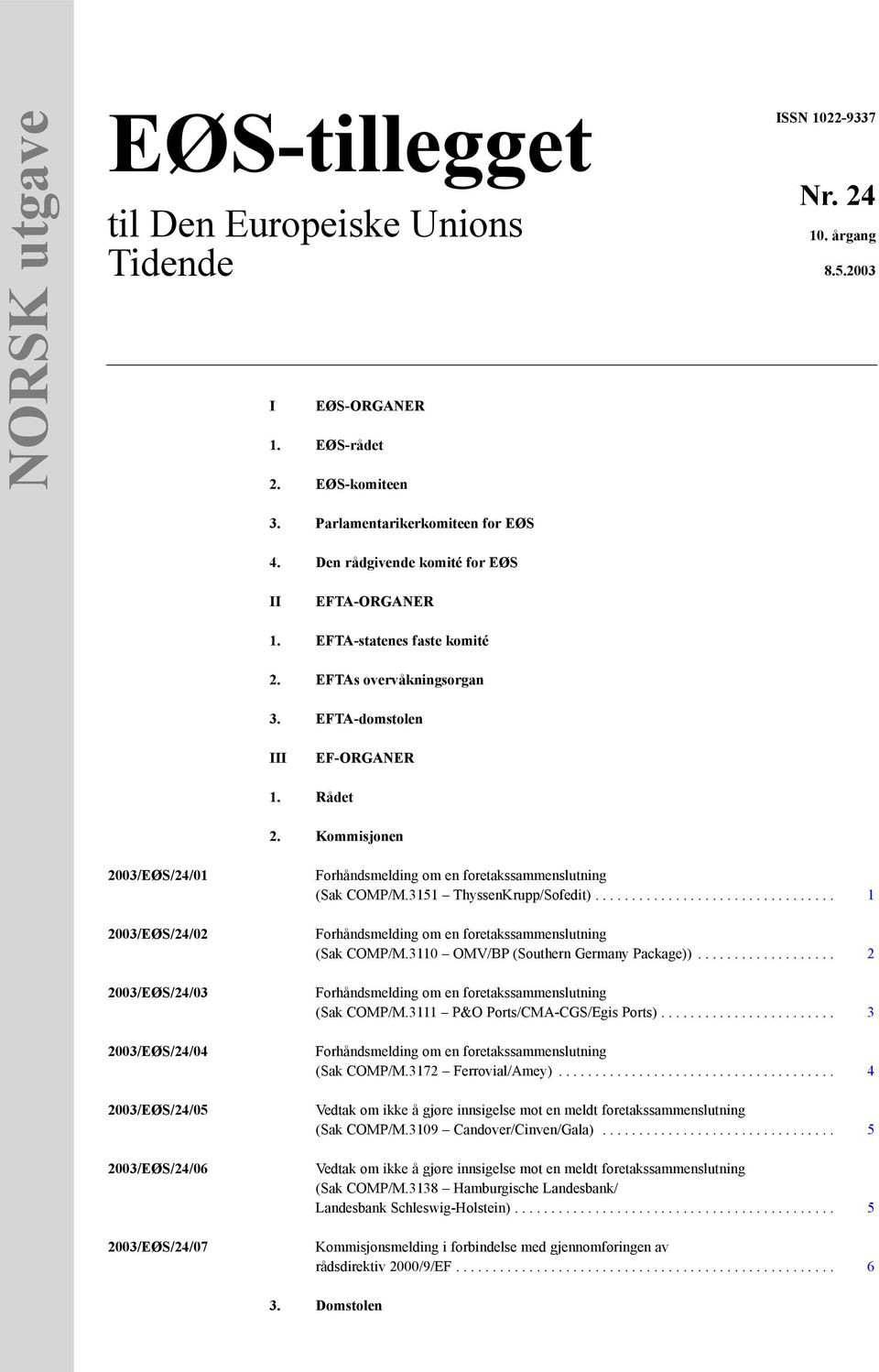 Kommisjonen 2003/EØS/24/01 2003/EØS/24/02 2003/EØS/24/03 2003/EØS/24/04 2003/EØS/24/05 2003/EØS/24/06 2003/EØS/24/07 (Sak COMP/M.3151 ThyssenKrupp/Sofedit)................................. 1 (Sak COMP/M.