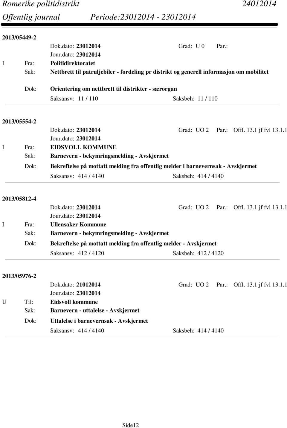 Saksbeh: 11 / 110 2013/05554-2 I Fra: EIDSVOLL KOMMUNE Sak: Barnevern - bekymringsmelding - Avskjermet Bekreftelse på mottatt melding fra offentlig melder i barnevernsak - Avskjermet Saksansv: 414 /