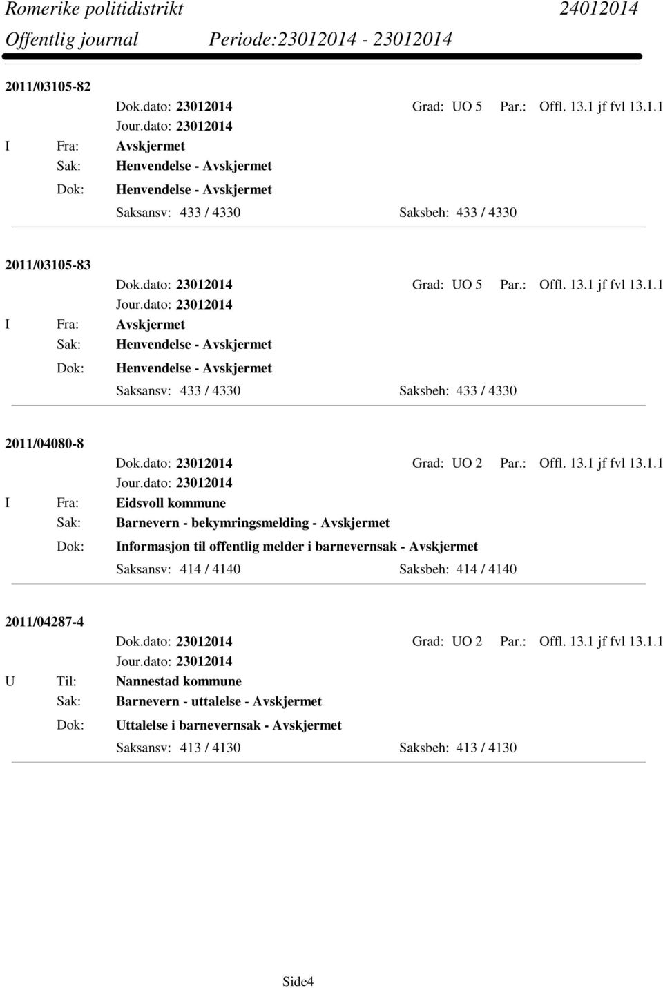 014 Grad: UO 5 Par.: Offl. 13.1 jf fvl 13.1.1 I Fra: Avskjermet Sak: Henvendelse - Avskjermet Henvendelse - Avskjermet Saksansv: 433 / 4330 Saksbeh: