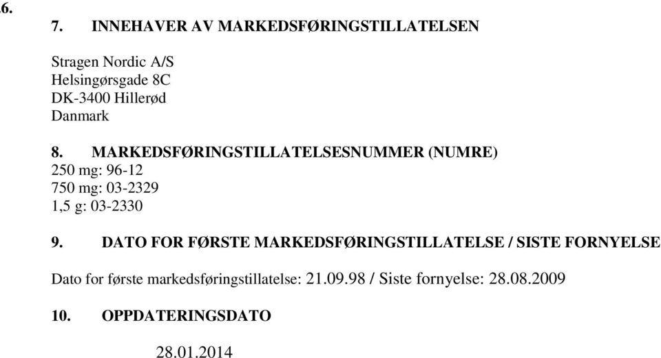 MARKEDSFØRINGSTILLATELSESNUMMER (NUMRE) 250 mg: 96-12 750 mg: 03-2329 1,5 g: 03-2330 9.