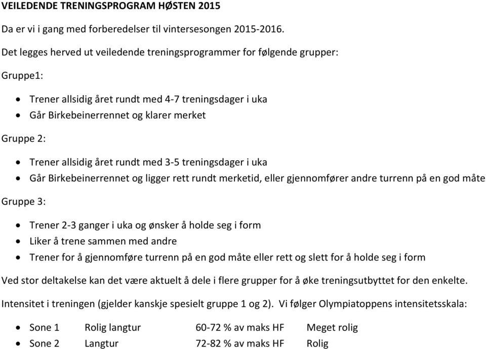 allsidig året rundt med 3-5 treningsdager i uka Går Birkebeinerrennet og ligger rett rundt merketid, eller gjennomfører andre turrenn på en god måte Gruppe 3: Trener 2-3 ganger i uka og ønsker å