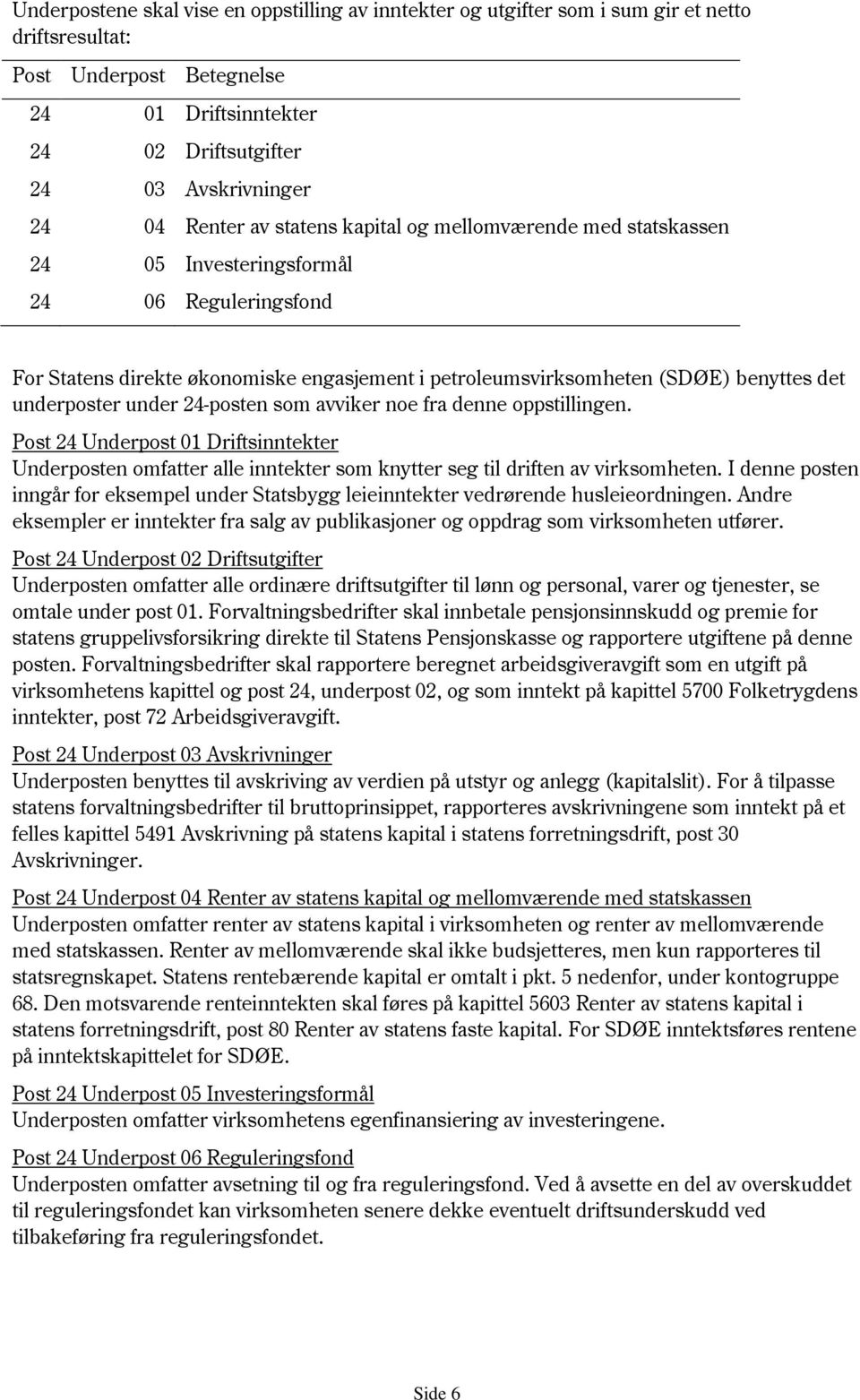 underposter under 24-posten som avviker noe fra denne oppstillingen. Post 24 Underpost 01 Driftsinntekter Underposten omfatter alle inntekter som knytter seg til driften av virksomheten.