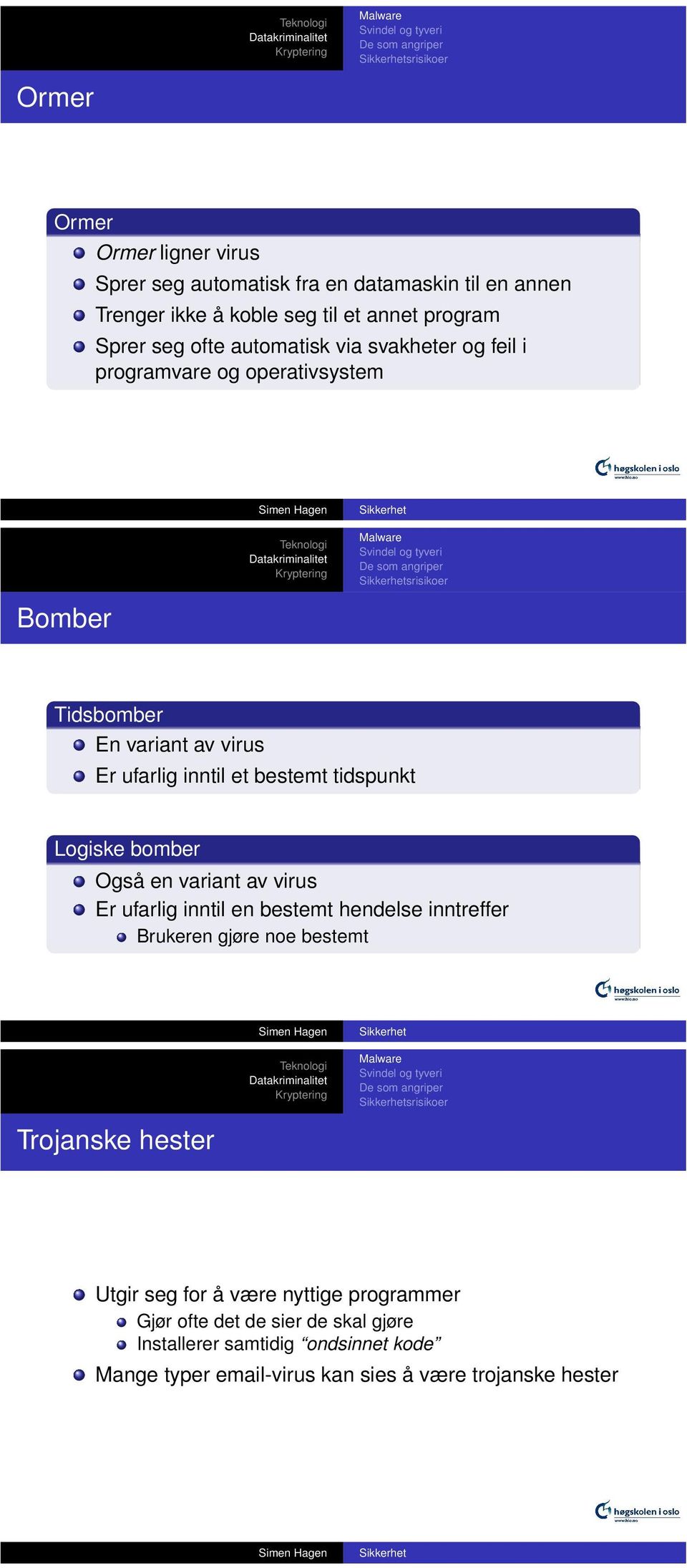 Logiske bomber Også en variant av virus Er ufarlig inntil en bestemt hendelse inntreffer Brukeren gjøre noe bestemt srisikoer Trojanske hester Utgir seg