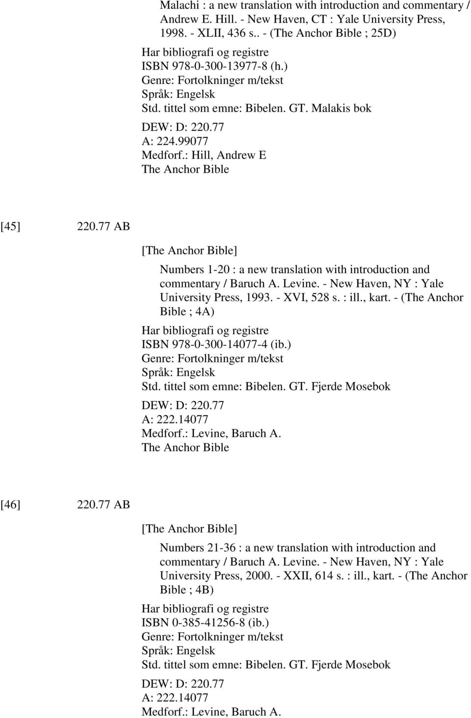 : Hill, Andrew E The Anchor Bible [45] 220.77 AB [The Anchor Bible] Numbers 1-20 : a new translation with introduction and commentary / Baruch A. Levine. - New Haven, NY : Yale University Press, 1993.