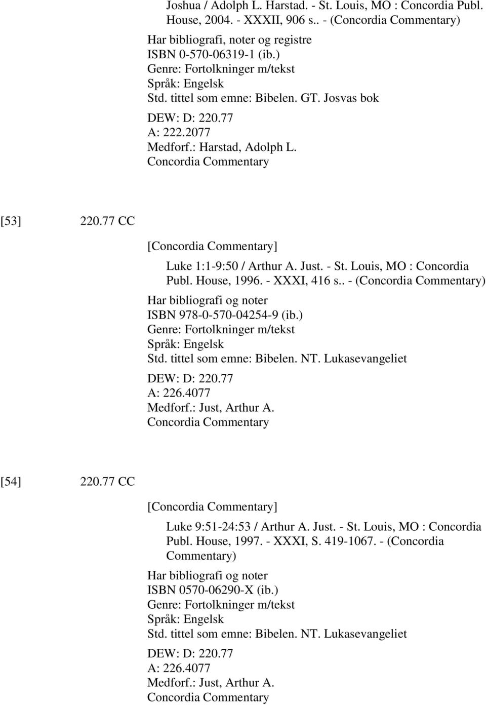 77 CC [Concordia Commentary] Luke 1:1-9:50 / Arthur A. Just. - St. Louis, MO : Concordia Publ. House, 1996. - XXXI, 416 s.. - (Concordia Commentary) Har bibliografi og noter ISBN 978-0-570-04254-9 (ib.