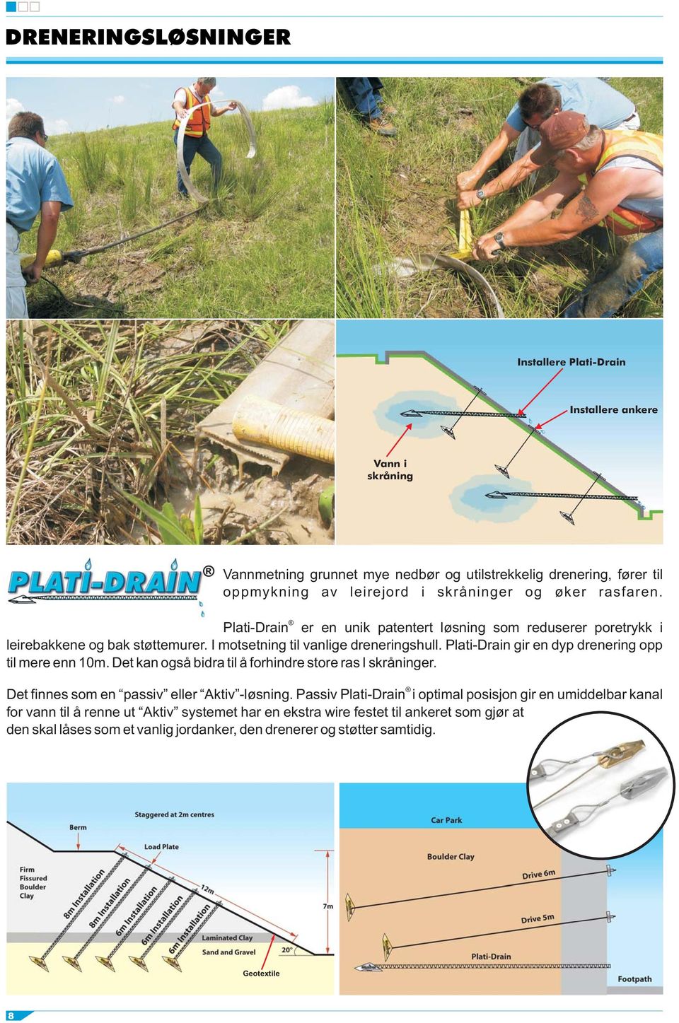 Plati-Drain gir en dyp drenering opp til mere enn 10m. Det kan også bidra til å forhindre store ras I skråninger. Det finnes som en passiv eller Aktiv -løsning.