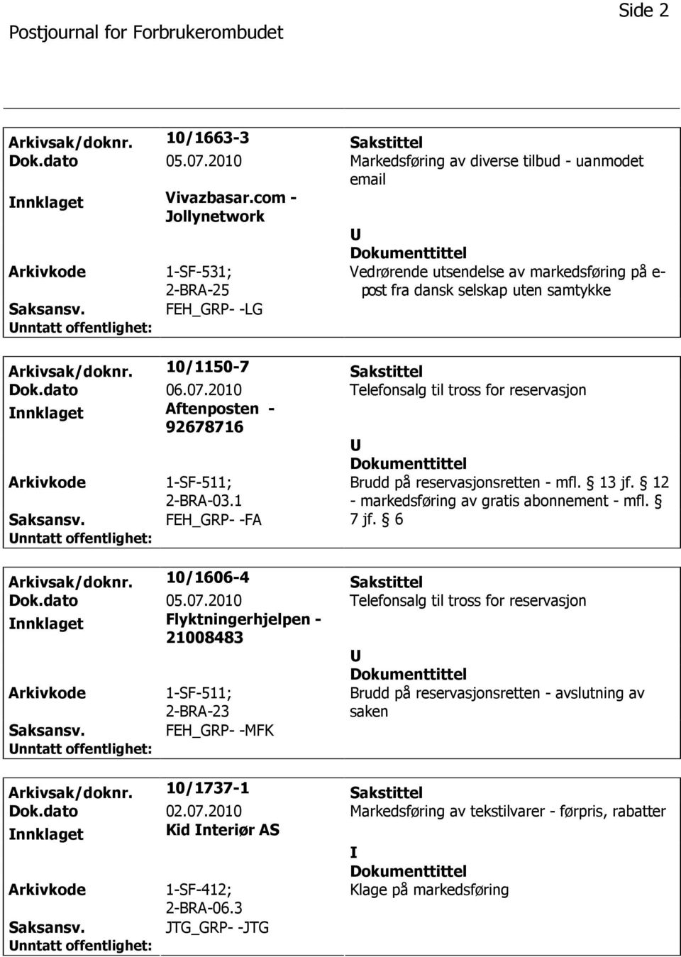 2010 Telefonsalg til tross for reservasjon nnklaget Aftenposten - 92678716 1-SF-511; 2-BRA-03.1 Brudd på reservasjonsretten - mfl. 13 jf. 12 - markedsføring av gratis abonnement - mfl.