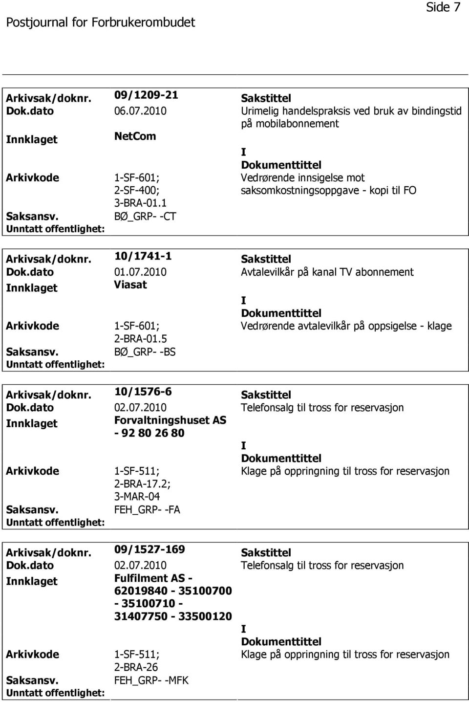 2010 Avtalevilkår på kanal TV abonnement nnklaget Viasat 1-SF-601; 2-BRA-01.5 Vedrørende avtalevilkår på oppsigelse - klage BØ_GRP- -BS Arkivsak/doknr. 10/1576-6 Sakstittel Dok.dato 02.07.