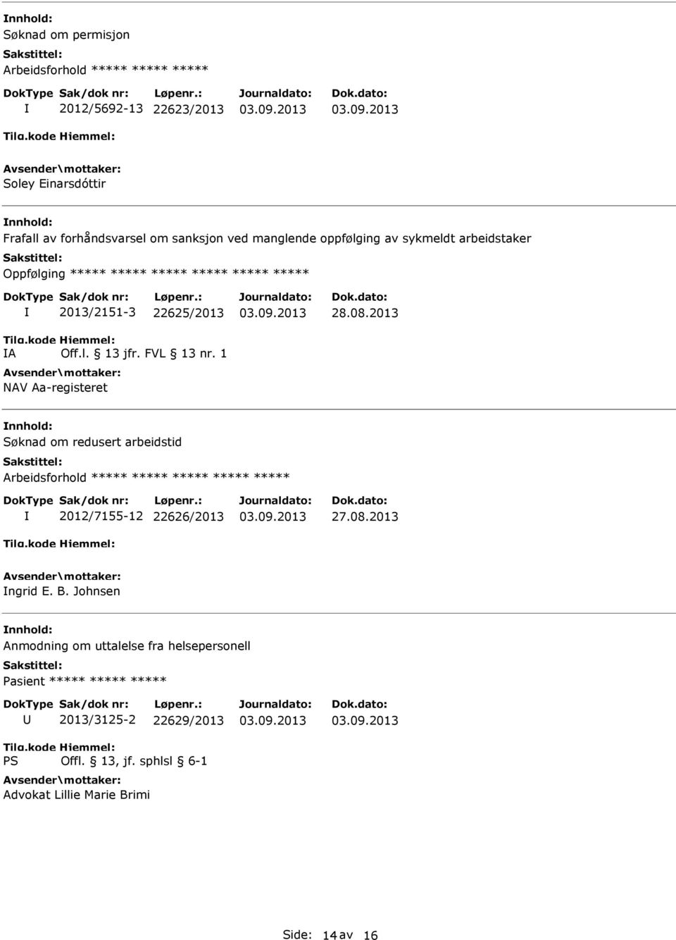 Aa-registeret 28.08.2013 Søknad om redusert arbeidstid Arbeidsforhold ***** ***** ***** ***** ***** 2012/7155-12 22626/2013 27.08.2013 ngrid E.