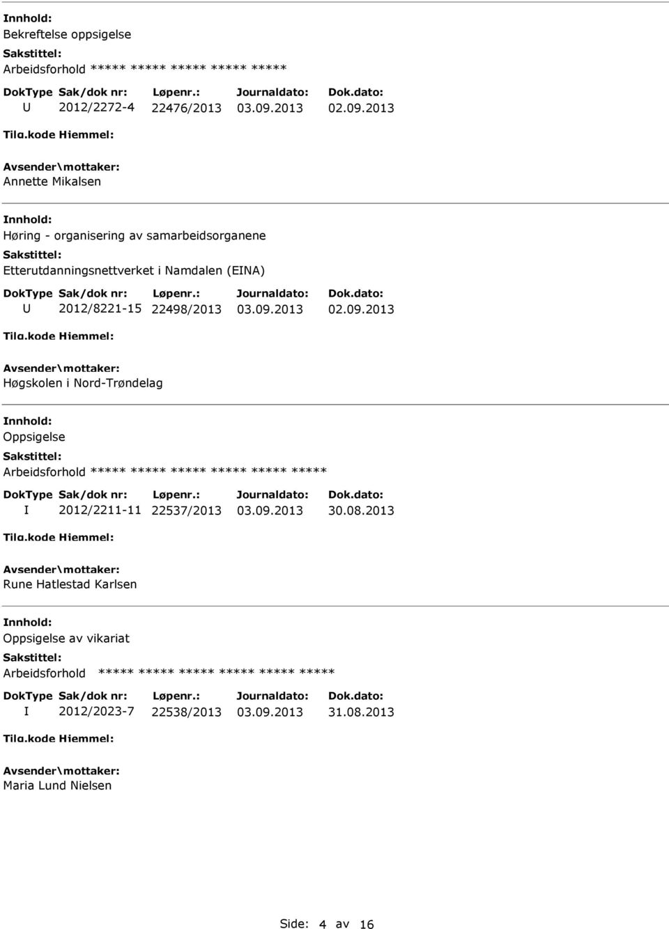 2012/8221-15 22498/2013 Høgskolen i Nord-Trøndelag Oppsigelse 2012/2211-11 22537/2013 30.08.