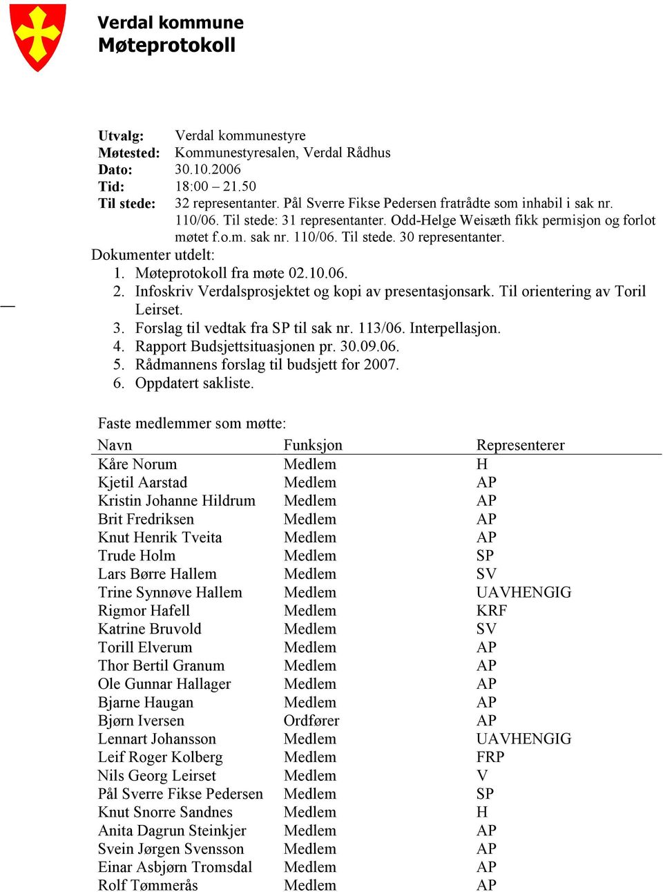 Dokumenter utdelt: 1. Møteprotokoll fra møte 02.10.06. 2. Infoskriv Verdalsprosjektet og kopi av presentasjonsark. Til orientering av Toril Leirset. 3. Forslag til vedtak fra SP til sak nr. 113/06.