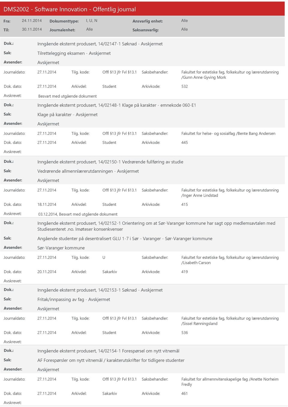 2014 Arkivdel: Student Inngående eksternt produsert, 14/02150-1 Vedrørende fullføring av studie Vedrørende allmennlærerutdanningen - /Inger Anne Lindstad Dok. dato: 18.11.