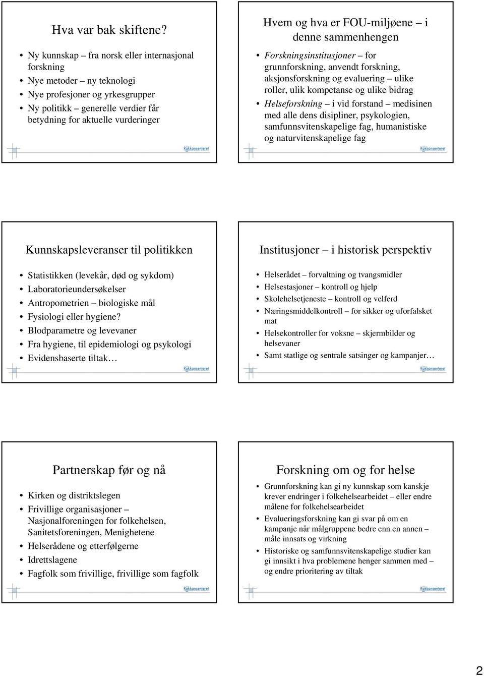 FOU-miljøene i denne sammenhengen Forskningsinstitusjoner for grunnforskning, anvendt forskning, aksjonsforskning og evaluering ulike roller, ulik kompetanse og ulike bidrag Helseforskning i vid