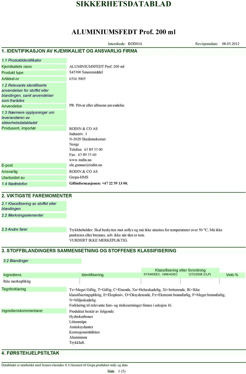 3 Nærmere opplysninger om leverandøren av sikkerhetsdatabladet Produsent, importør E-post Ansvarlig Utarbeidet av S45300 Smøremiddel PR. Privat eller allmenn anvendelse RODIN & CO AS Industriv.