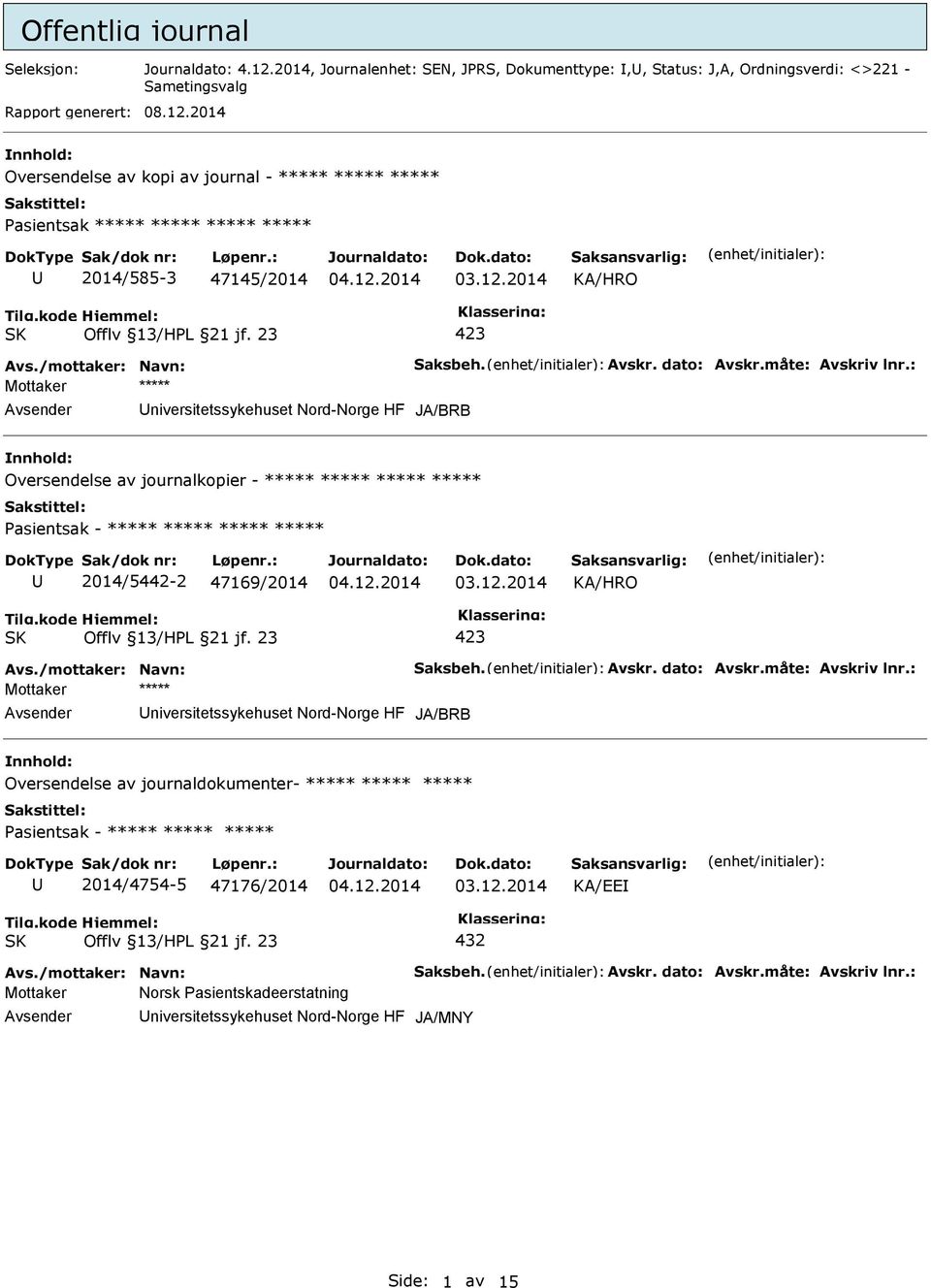 : Mottaker ***** niversitetssykehuset Nord-Norge HF JA/BRB Oversendelse av journalkopier - ***** ***** ***** ***** 2014/5442-2 47169/2014 Avs.