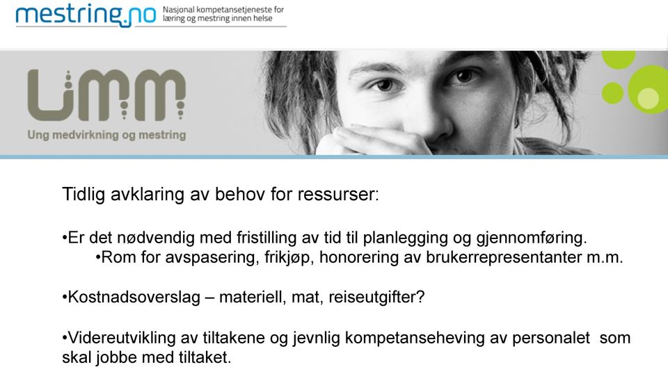 Rom for avspasering, frikjøp, honorering av brukerrepresentanter m.m. Kostnadsoverslag materiell, mat, reiseutgifter?