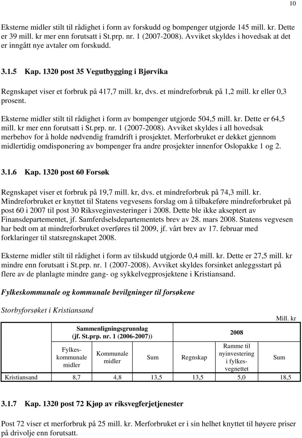 kr eller 0,3 prosent. Eksterne midler stilt til rådighet i form av bompenger utgjorde 504,5 mill. kr. Dette er 64,5 mill. kr mer enn forutsatt i St.prp. nr. 1 (2007-).