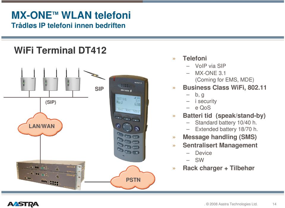 11 b, g i security e QoS» Batteri tid (speak/stand-by) Standard battery 10/40 h.