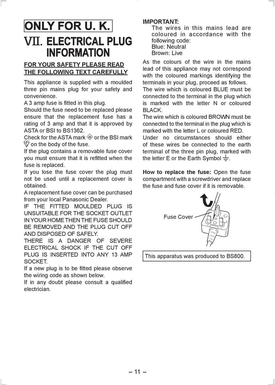 Check for the ASTA mark or the BSI mark on the body of the fuse. If the plug contains a removable fuse cover you must ensure that it is refitted when the fuse is replaced.