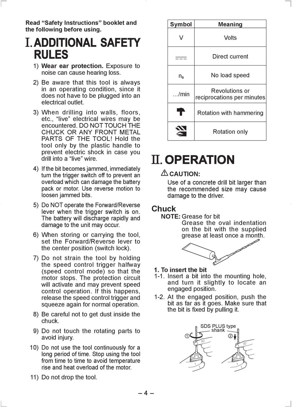 , live electrical wires may be encountered. DO NOT TOUCH THE CHUCK OR ANY FRONT METAL PARTS OF THE TOOL!