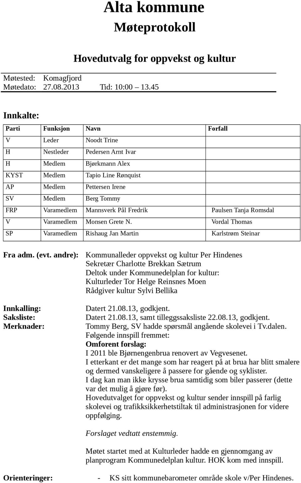 Varamedlem Mannsverk Pål Fredrik Paulsen Tanja Romsdal V Varamedlem Monsen Grete N. Vordal Thomas SP Varamedlem Rishaug Jan Martin Karlstrøm Steinar Fra adm. (evt.