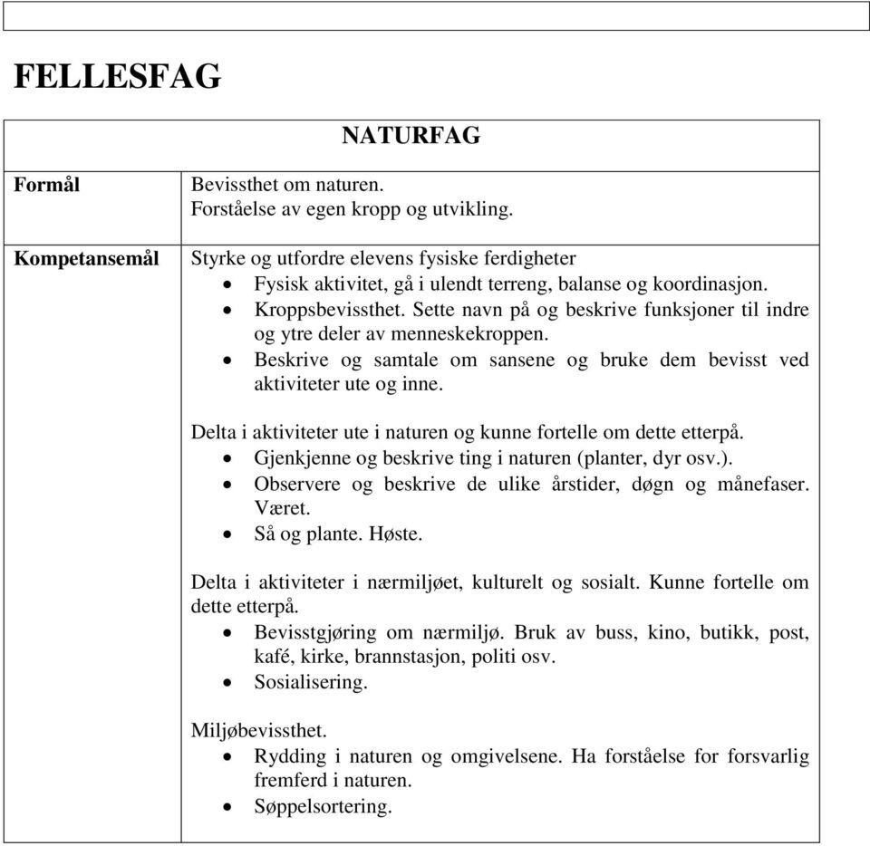 Delta i aktiviteter ute i naturen og kunne fortelle om dette etterpå. Gjenkjenne og beskrive ting i naturen (planter, dyr osv.). Observere og beskrive de ulike årstider, døgn og månefaser. Været.