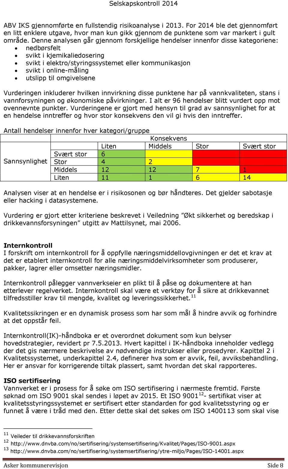 til omgivelsene Vurderingen inkluderer hvilken innvirkning disse punktene har på vannkvaliteten, stans i vannforsyningen og økonomiske påvirkninger.