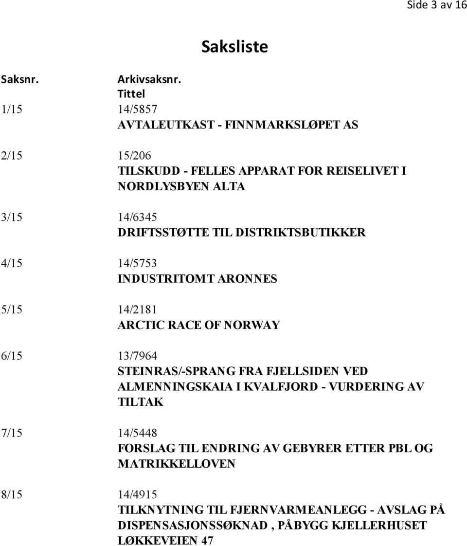 DRIFTSSTØTTE TIL DISTRIKTSBUTIKKER 4/15 14/5753 INDUSTRITOMT ARONNES 5/15 14/2181 ARCTIC RACE OF NORWAY 6/15 13/7964 STEINRAS/-SPRANG FRA