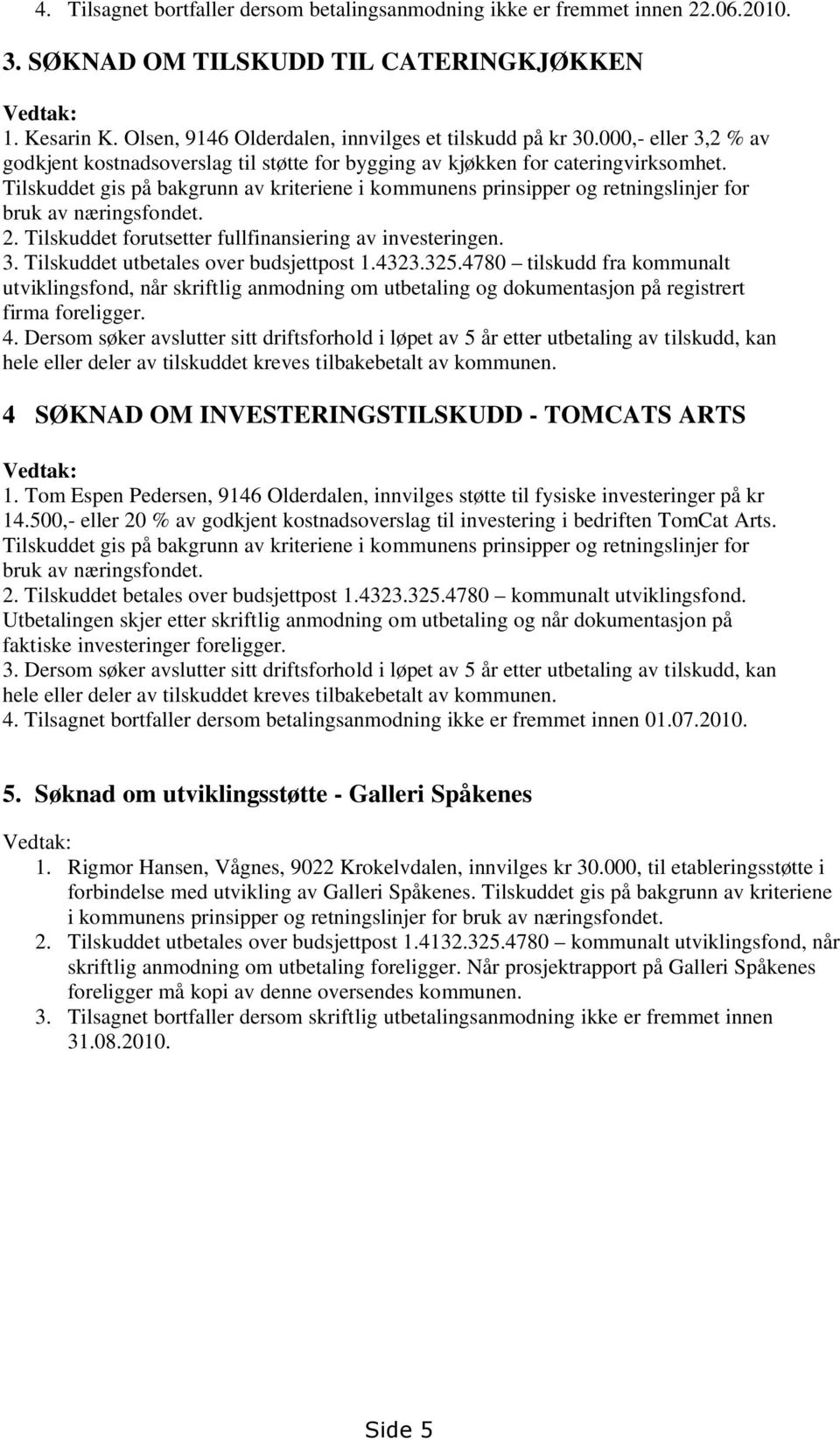 Tilskuddet gis på bakgrunn av kriteriene i kommunens prinsipper og retningslinjer for bruk av næringsfondet. 2. Tilskuddet forutsetter fullfinansiering av investeringen. 3.