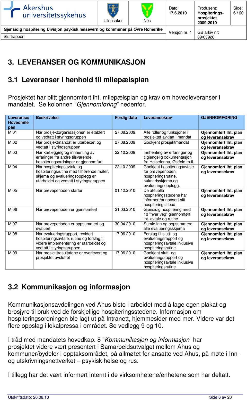 Leveranse/ Hovedmile pæl M 01 M 02 M 03 M 04 Beskrivelse Ferdig dato Leveransekrav GJENNOMFØRING Når prosjektorganisasjonen er etablert og vedtatt i styringsgruppen Når prosjektmandat er utarbeidet