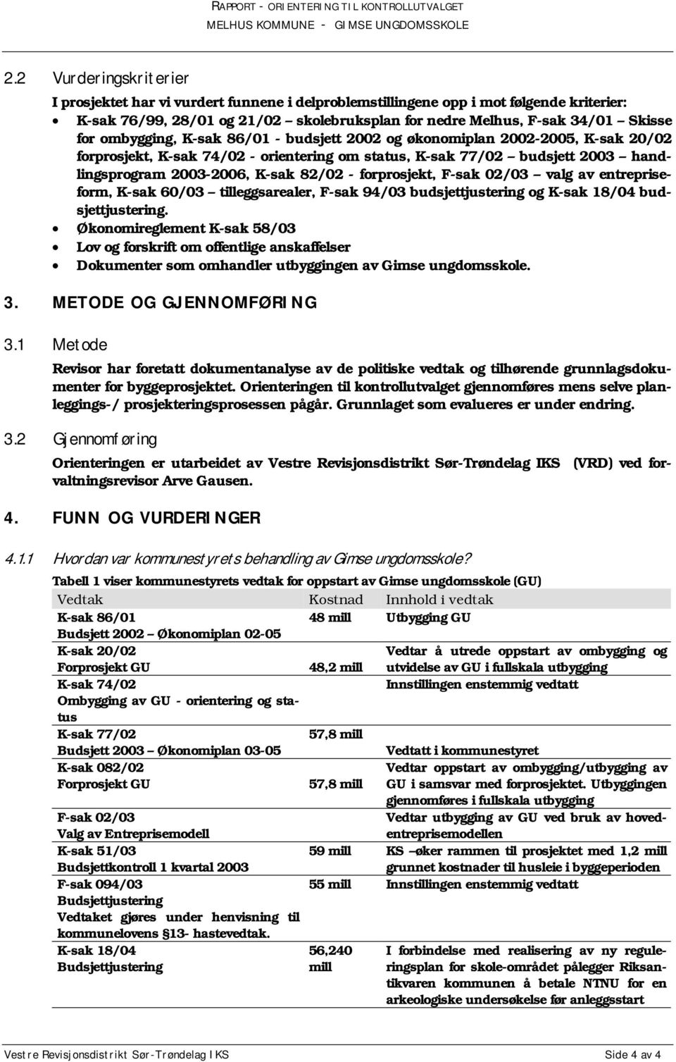 forprosjekt, F-sak 02/03 valg av entrepriseform, K-sak 60/03 tilleggsarealer, F-sak 94/03 budsjettjustering og K-sak 18/04 budsjettjustering.