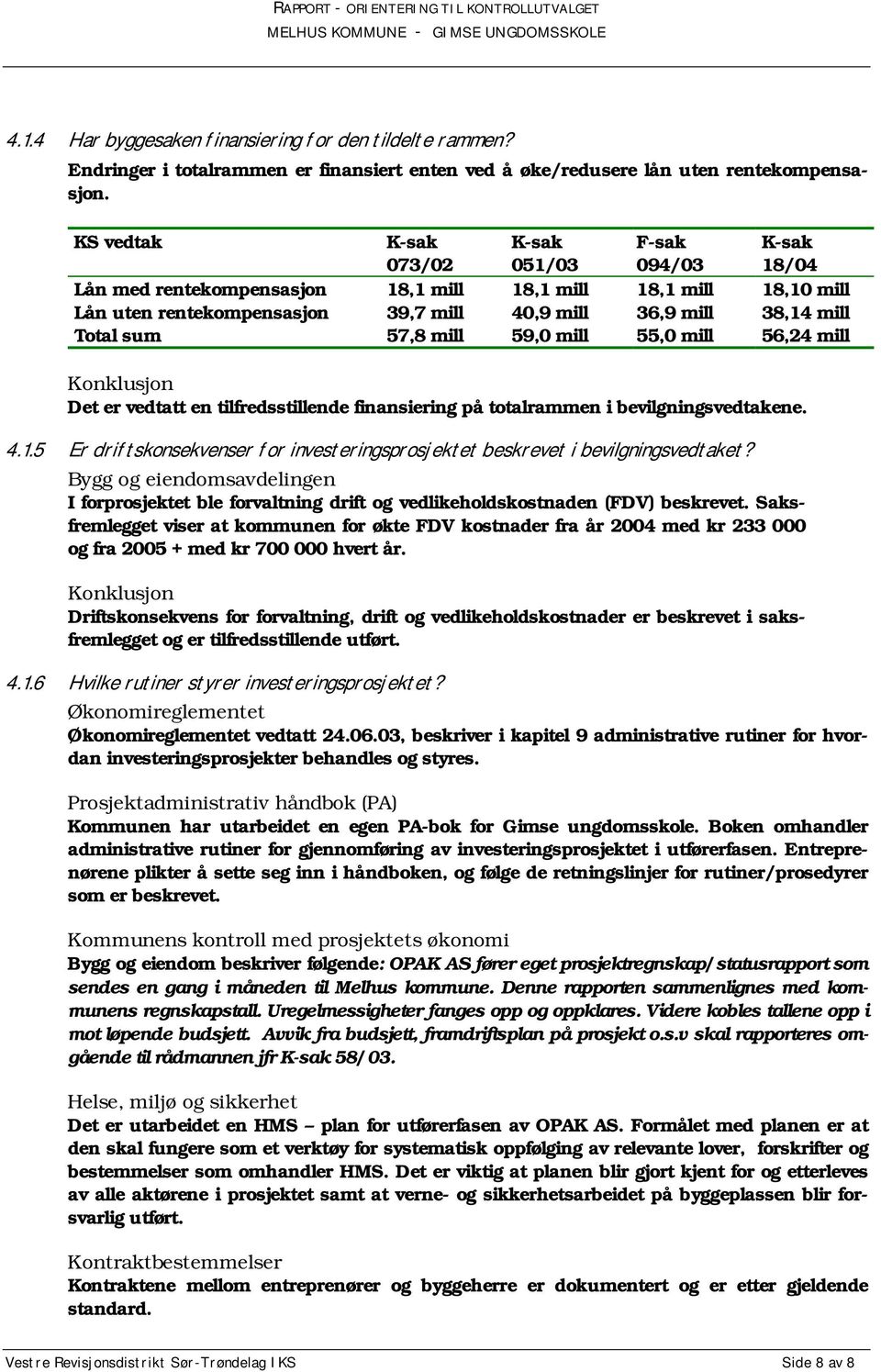 Total sum 57,8 mill 59,0 mill 55,0 mill 56,24 mill Konklusjon Det er vedtatt en tilfredsstillende finansiering på totalrammen i bevilgningsvedtakene. 4.1.