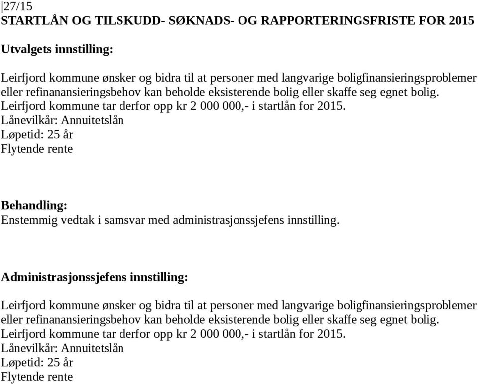 Lånevilkår: Annuitetslån Løpetid: 25 år Flytende rente Enstemmig vedtak i samsvar med administrasjonssjefens innstilling.