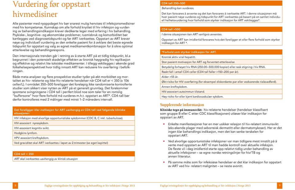 Psykiske-, kognitive- og økonomiske problemer, rusmisbruk og komorbiditet bør kartlegges ved diagnosetidspunkt og før ART iverksettes.