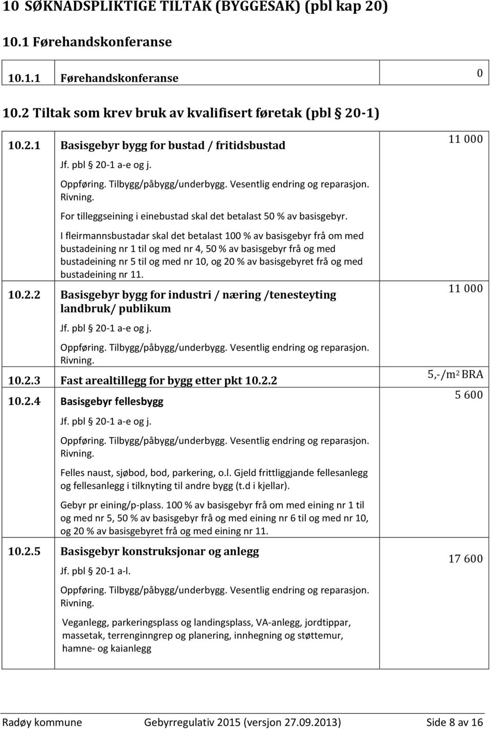 I fleirmannsbustadar skal det betalast 100 % av basisgebyr frå om med bustadeining nr 1 til og med nr 4, 50 % av basisgebyr frå og med bustadeining nr 5 til og med nr 10, og 20 % av basisgebyret frå