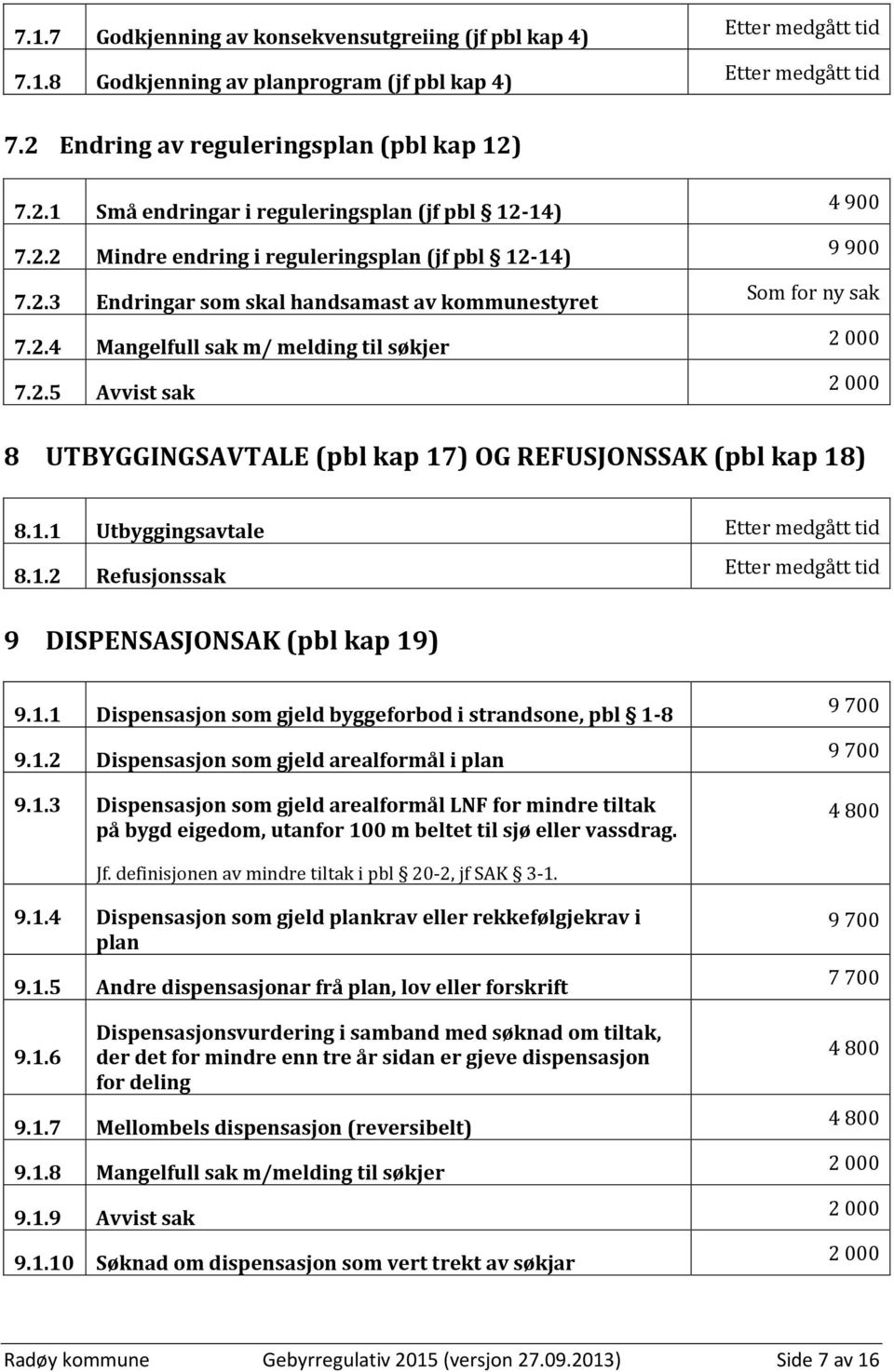 1.1 Utbyggingsavtale Etter medgått tid 8.1.2 Refusjonssak Etter medgått tid 9 DISPENSASJONSAK (pbl kap 19) 9.1.1 Dispensasjon som gjeld byggeforbod i strandsone, pbl 1-8 9.1.2 Dispensasjon som gjeld arealformål i plan 9.