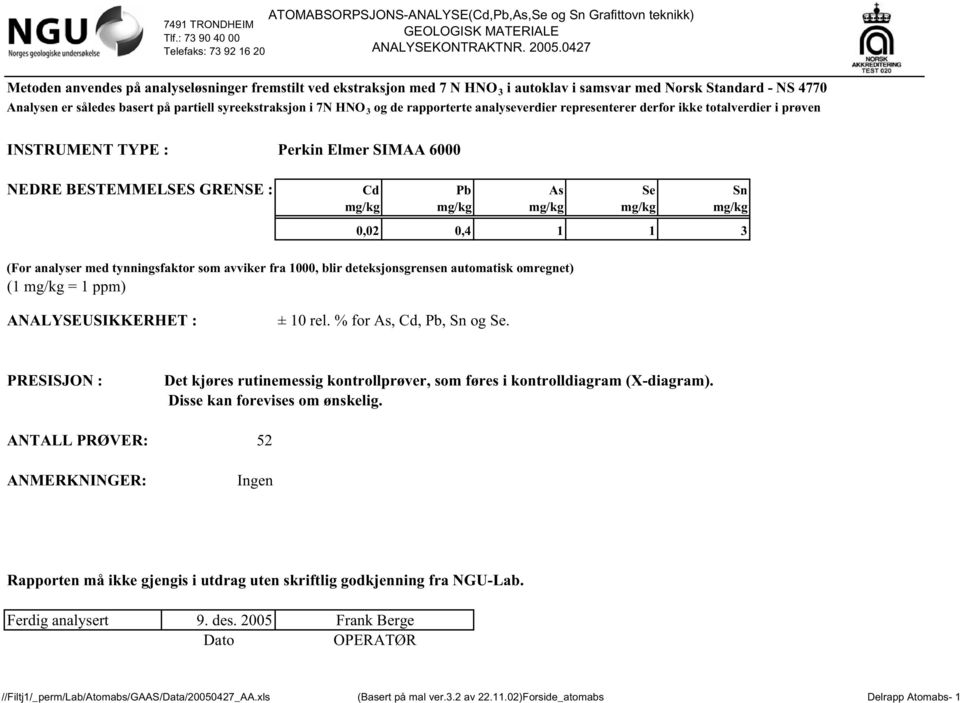 og de rapporterte analyseverdier representerer derfor ikke totalverdier i prøven INSTRUMENT TYPE : Perkin Elmer SIMAA 6000 NEDRE BESTEMMELSES GRENSE : Cd Pb As Se Sn mg/kg mg/kg mg/kg mg/kg mg/kg