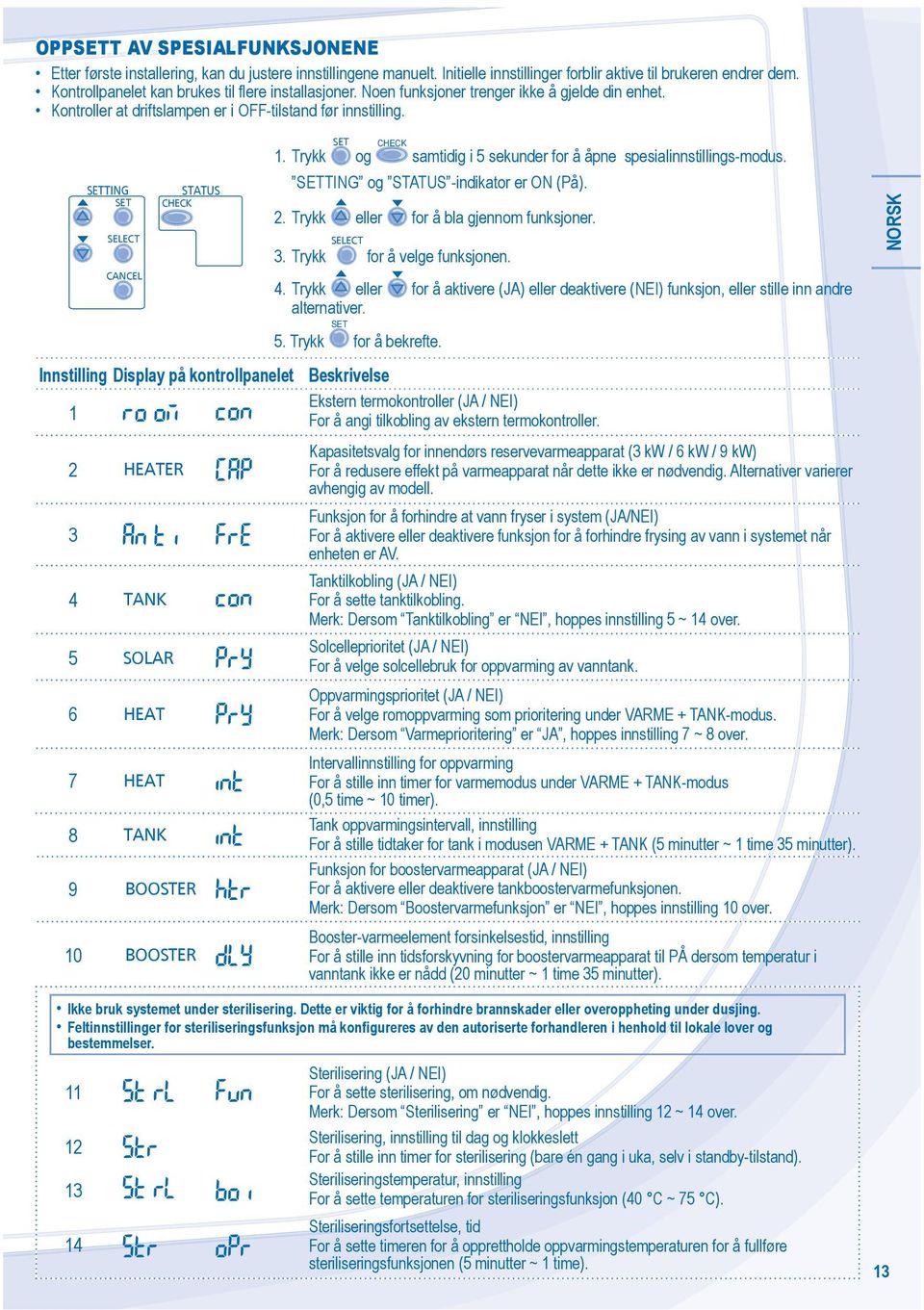 Trykk og HEK samtidig i 5 sekunder for å åpne spesialinnstillings-modus. og -indikator er (På). 2. Trykk eller for å bla gjennom funksjoner. 3. Trykk for å velge funksjonen. ANEL 4.