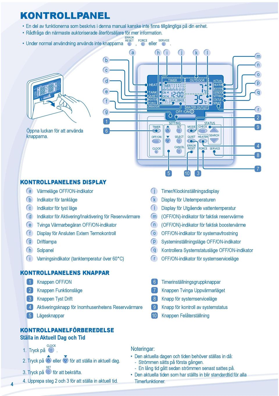 b c d e f g 1 6 5 10 3 KTROLLPANELENS DISPLAY a Värmeläge OFF/-indikator j Timer/Klockinställningsdisplay b Indikator för tankläge k Display för Utetemperaturen a c Indikator för tyst läge l Display