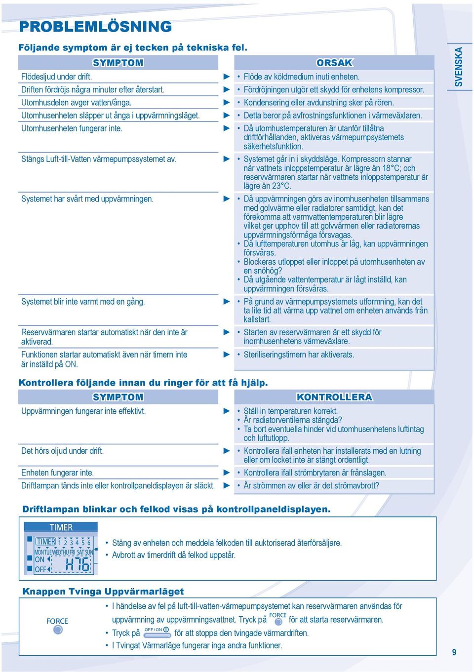 Systemet blir inte varmt med en gång. Reservvärmaren startar automatiskt när den inte är aktiverad. Funktionen startar automatiskt även när timern inte är inställd på.