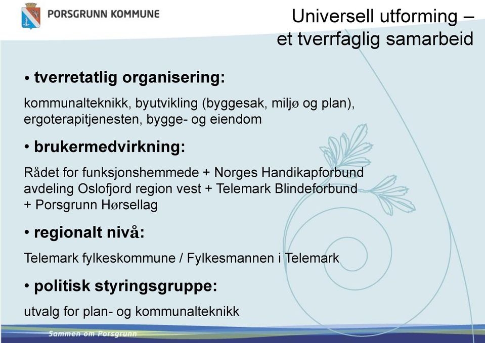 vest + Telemark Blindeforbund + Porsgrunn Hørsellag regionalt nivå: Telemark fylkeskommune / Fylkesmannen i