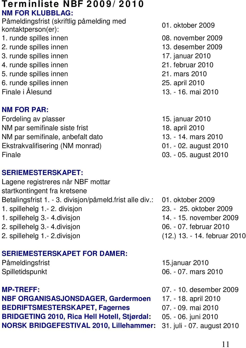 mai 2010 NM FOR PAR: Fordeling av plasser 15. januar 2010 NM par semifinale siste frist 18. april 2010 NM par semifinale, anbefalt dato 13. - 14. mars 2010 Ekstrakvalifisering (NM monrad) 01. - 02.