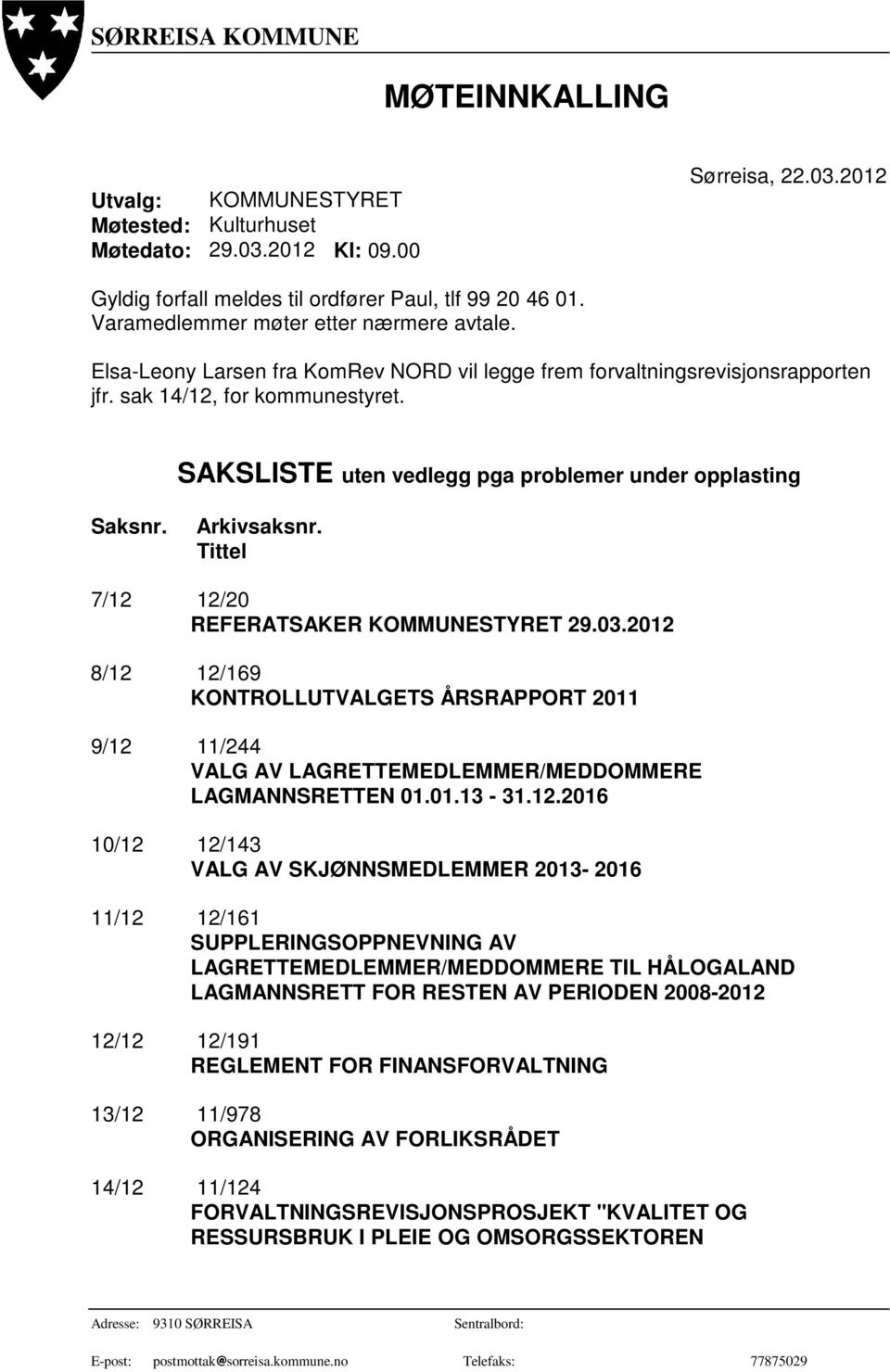 SAKSLISTE uten vedlegg pga problemer under opplasting Saksnr. Arkivsaksnr. Tittel 7/12 12/20 REFERATSAKER KOMMUNESTYRET 29.03.