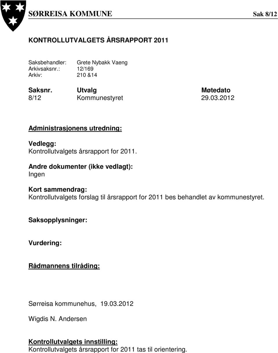 Andre dokumenter (ikke vedlagt): Ingen Kort sammendrag: Kontrollutvalgets forslag til årsrapport for 2011 bes behandlet av kommunestyret.