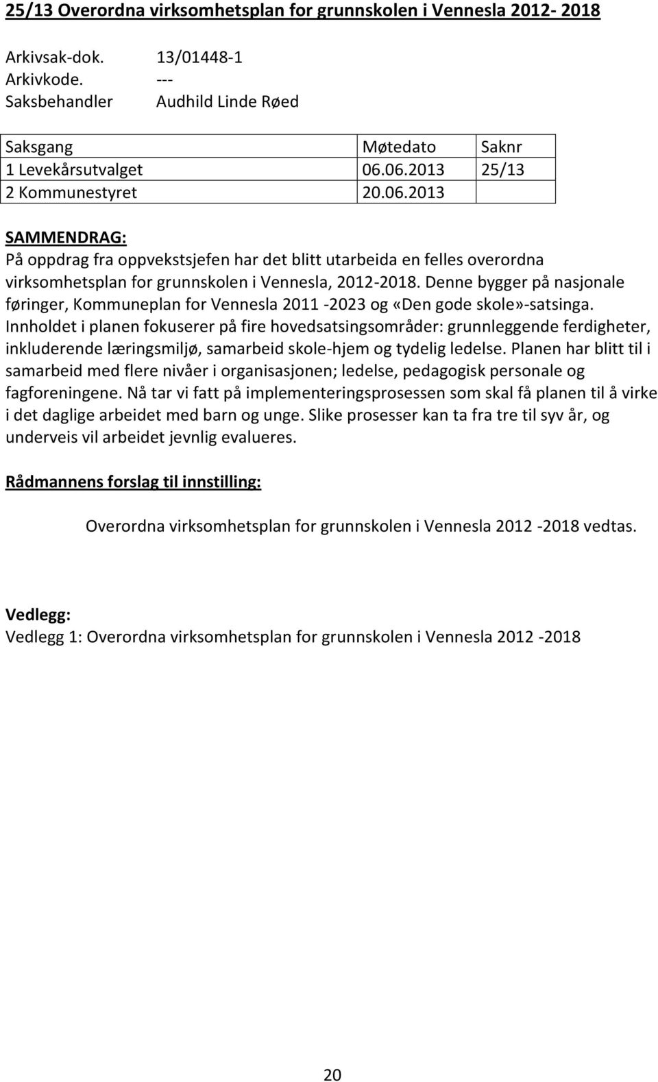 Denne bygger på nasjonale føringer, Kommuneplan for Vennesla 2011-2023 og «Den gode skole»-satsinga.