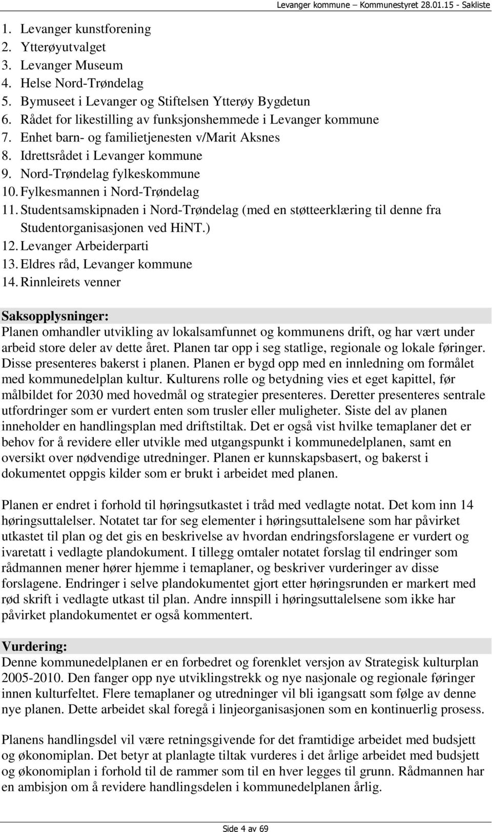 Fylkesmannen i Nord-Trøndelag 11. Studentsamskipnaden i Nord-Trøndelag (med en støtteerklæring til denne fra Studentorganisasjonen ved HiNT.) 12. Levanger Arbeiderparti 13.